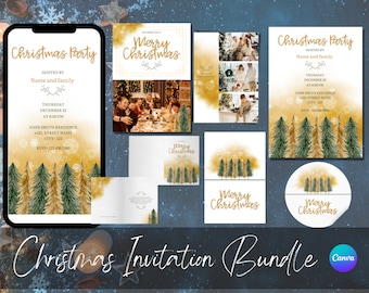 Redigerbar julfestinbjudan, fotokort, presentetikett (Canva-mall)
