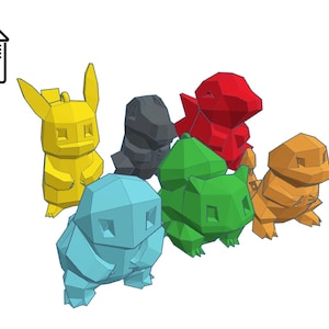 Może przedstawiać: Zestaw sześciu niskopolygonalnych figurek Pokemonów, wydrukowanych w technologii 3D. Figurki są w różnych kolorach, w tym żółtym, czerwonym, zielonym, niebieskim, pomarańczowym i czarnym.