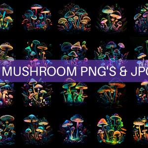 20 Neon Mushroom Glow in the Dark Mushrooms PNG&#39;s & JPG&#39;s | Sublimation | Printing | Printables | Clipart Bundle