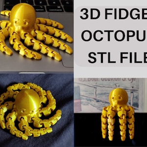 Puede incluir: Un pulpo amarillo impreso en 3D con brazos articulados. El pulpo es un juguete antiestrés y está disponible como archivo STL para impresión 3D.