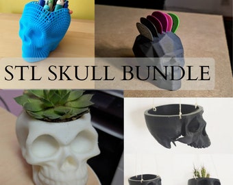 Skull Planter and pencil pots STL File Pack | 3D Print Models | for 3D printing | Digital file | 18 Total Files