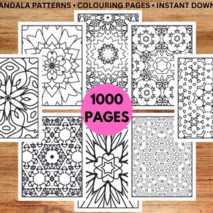 May include: A set of 6 black and white mandala coloring pages. The pages are A4 size and feature intricate designs. The text "1000 PAGES" is displayed in a pink circle.