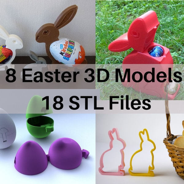 Set of 8 Easter 3D Models STL Files for 3D Printing - Easter Eggs, Bunny Designs, Egg Hunt Decorations