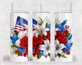 3D Floral American Flag 20oz Skinny Tumbler Wrap Sublimation, Instant Download PNG, Patriotic 4th of July Tumbler Design, Sublimation Design