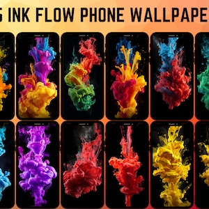 May include: A collection of 12 phone wallpapers featuring abstract ink flow designs in various colors, including blue, green, yellow, red, and purple. The ink swirls and blends together, creating a dynamic and artistic effect.