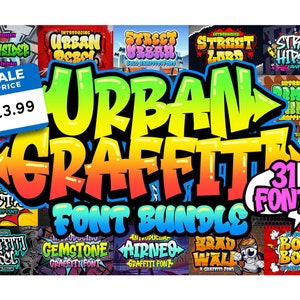 May include: A collection of 31 urban graffiti fonts in a colorful bundle. The fonts are bold and stylized, with a variety of styles and designs. The bundle includes fonts like "Southsider", "Urban Rebel", "Street Urban", "Street Lord", "Street Hipster", "Gemstone", "Airnes", "Brad Wall", and "Boom Boom".