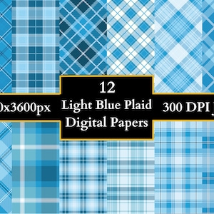 May include: Twelve digital papers featuring light blue plaid patterns in various designs. Each paper is 3600x3600 pixels and 300 DPI.