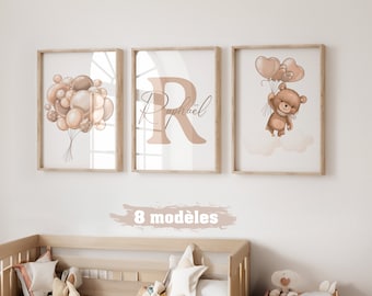 Set 3 affiches animaux pour chambre enfant - Cadeau de naissance personnalisé prénom - Décoration chambre bébé - Triptyque animaux initiale