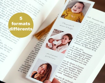 May include: A white bookmark with a gold tassel features three photos of a young girl and baby. The text on the bookmark reads "Plus que pour te souvenir de la page..." and "Peux tu te souvenir que l'on t'aime".