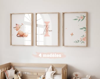 Set 3 affiches animaux pour chambre enfant - Cadeau de naissance personnalisé prénom - Décoration chambre bébé - Triptyque renard initiale