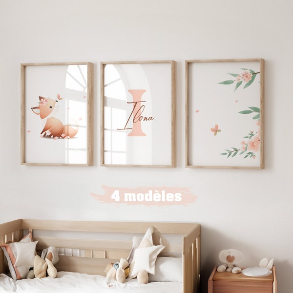 Set 3 affiches animaux pour chambre enfant - Cadeau de naissance personnalisé prénom - Décoration chambre bébé - Triptyque renard initiale