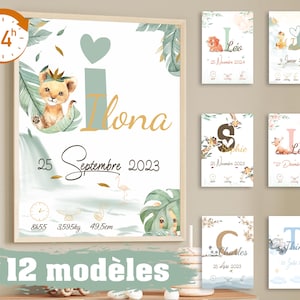 Affiche de naissance personnalisée lion, renard... Cadeau de naissance fille garçon - Cadeau bébé personnalisé - Initiale, prénom, date...