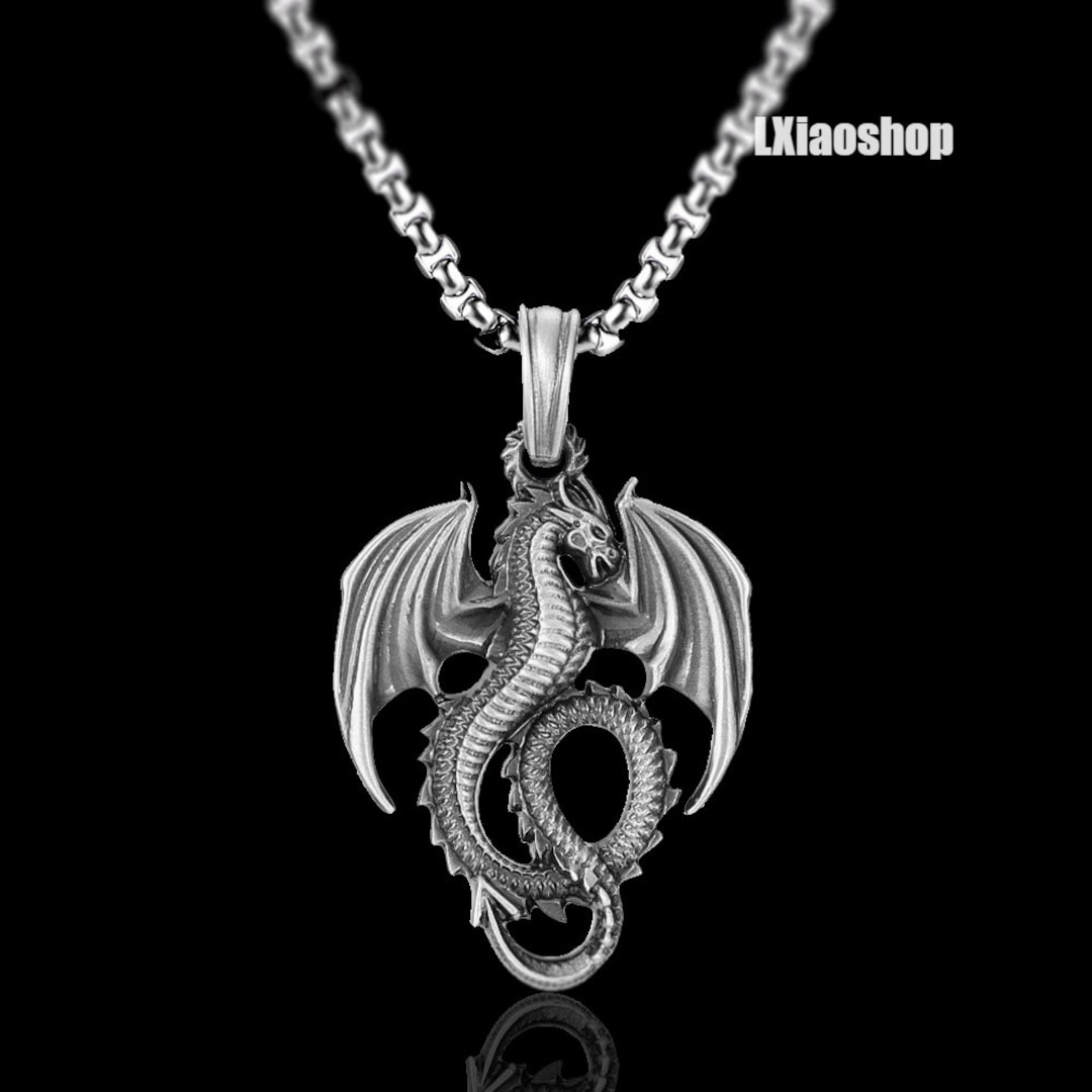 Winged Dragon Men's Necklace, Men's Dragon Pendant With Chain, Dragon