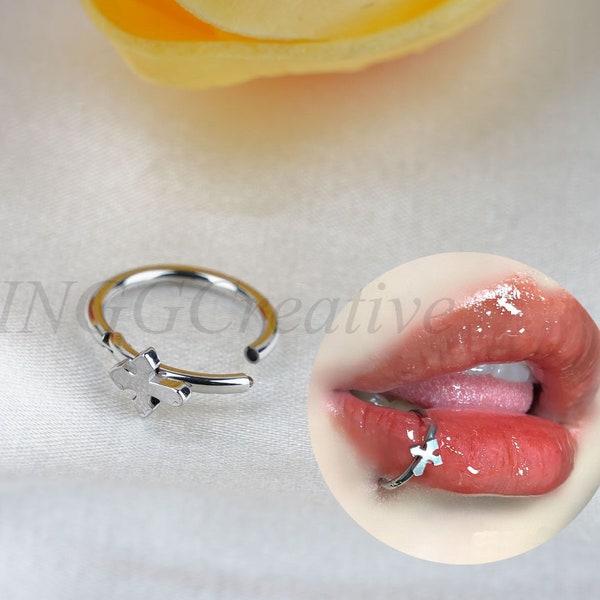 Silver Cross Lip Ring, Personality Lip Ring, Cool Tragus Piercing, Fashion Eyebrow Ring, Girls Cartilage Piercing, Women Body Piercing