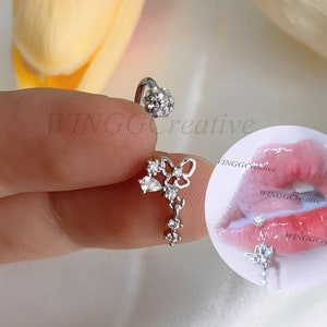 Shiny Butterfly Chain Lip Ring, Sweet Lip Ring, Punk Stud Piercings, Body Piercing, Titanium Lip Piercings, Body Jewelry, Piercing Charm