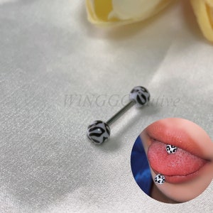 Acrylic Cow Pattern Tongue Stud, Colorful Tongue Piercing, Personality Body Piercing, Tongue Piercing Jewelry, Double Ball Jewelry