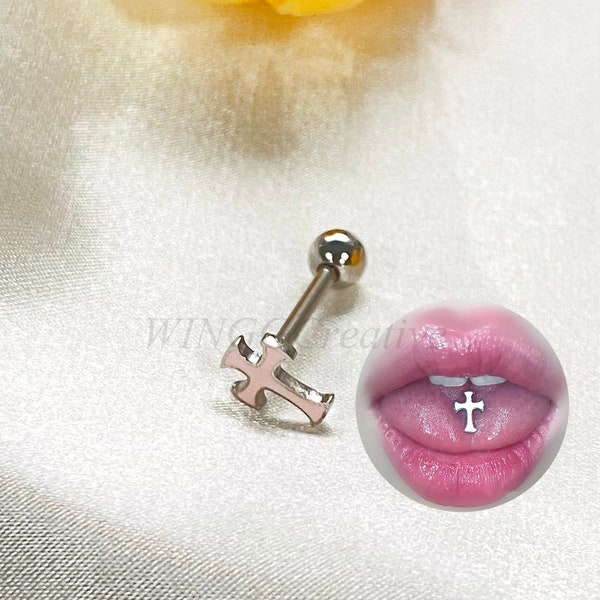 Titanium Steel Cross Tongue Stud, Cool Tongue Stud, Women Lip Piercing, Fairy Tongue Stud, Tongue Barbell, Body Tongue Jewelry, Gift For Her