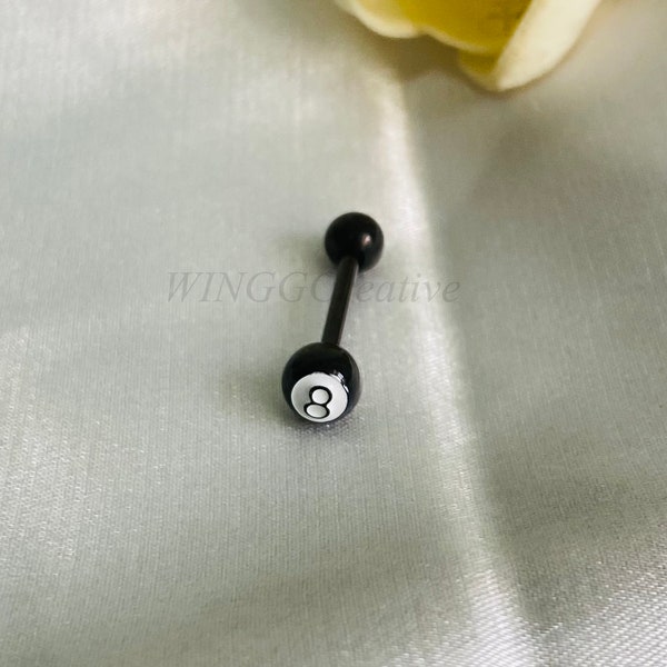 Black Eight Tongue Stud, Cool Pool Ball Eight Ball, Snicker Tongue Barbell, Titanium Steel Tongue Stud, Tongue Jewelry, Body Jewelry