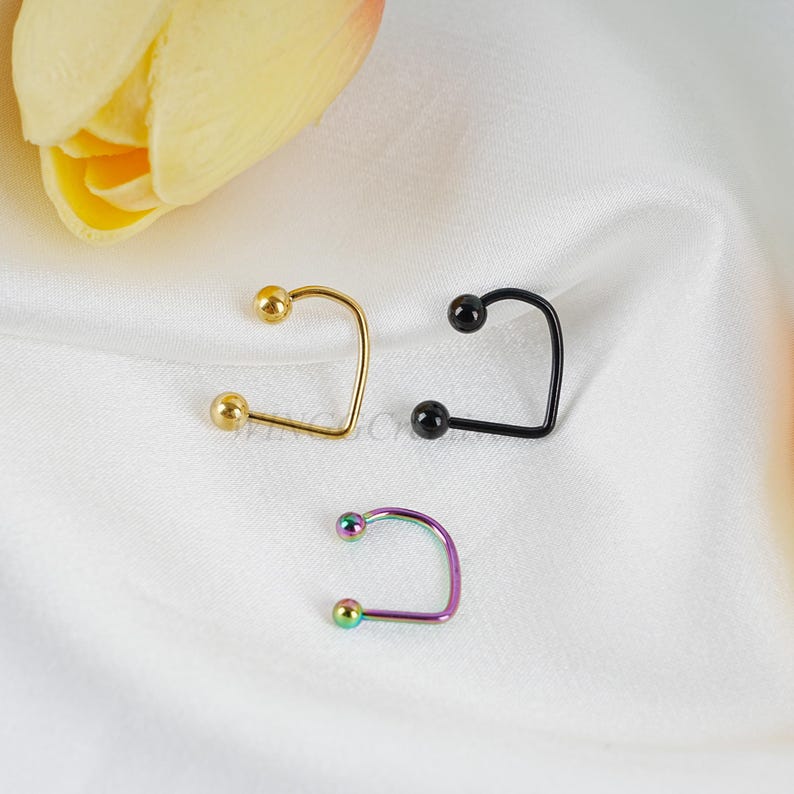 Puede incluir: Tres anillos de nariz con diferentes acabados de color. El primero es dorado, el segundo es negro y el tercero es arco&iacute;ris.