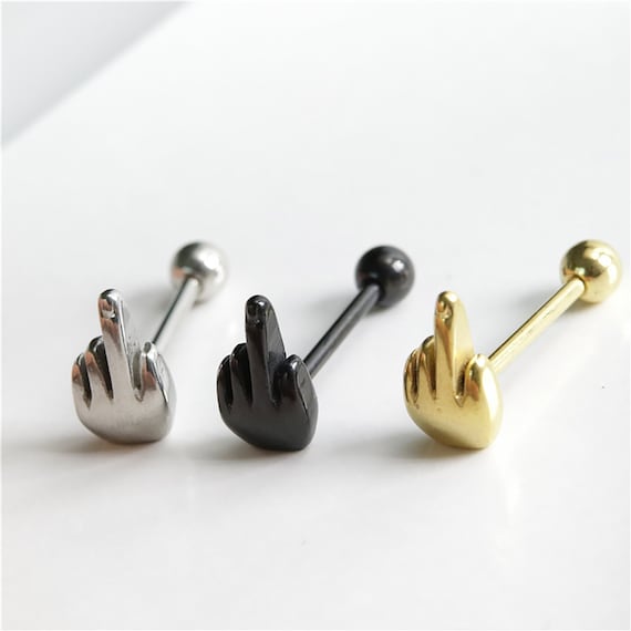 Middle Finger Tongue Stud Fuck You Gesture Barbell Tongue Ring Titanium Steel Tongue Stud Stud Piercing Personality Tongue Jewelry Etsy