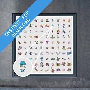 Może przedstawiać: Drukowalna tabela z siatką 100 pikselowych postaci Pokemonów. Tabela zawiera różne Pokemony, w tym Bulbasaura, Charmandera, Squirtle'a, Pikachu i wiele innych. Tabela jest idealna dla fanów Pokemonów, którzy chcą stworzyć własne pikselowe grafiki.