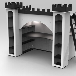 May include: A white and black castle-themed loft bed with a built-in desk and shelves. The bed features a black ladder for access and a castle-like design with crenellations. The desk area is illuminated with a light.