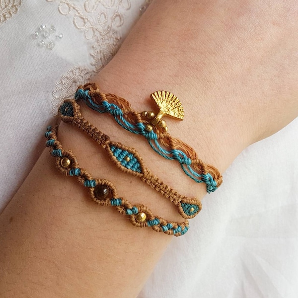 Bracelet multirangs ethnique marron et turquoise en macramé, bracelet manchette avec perles d'œil de tigre et laiton