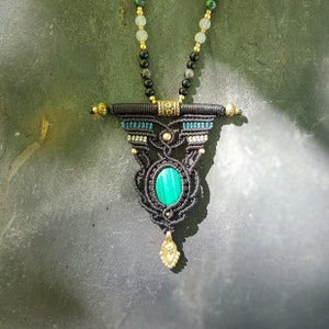 Collier Ancien Perles Obsidienne Noire Et Malachite Verte - Pierres Naturelles, Occasion Bel état