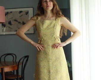 1960s Original Mod-Style Dress – Handmade – Brocade A-Line with Bows – Pistachio Green and Pastel – Elegant and Rare