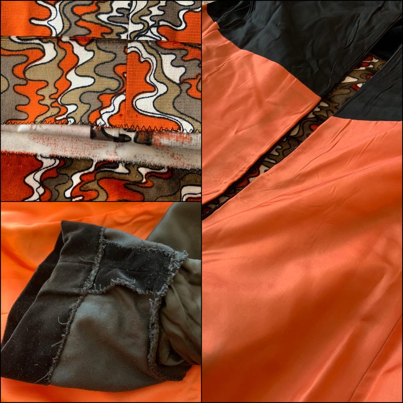 May include: A close-up of a vintage orange and black dress with a geometric pattern. The dress has a black velvet trim and a zipper closure. The fabric is a blend of silk and cotton.