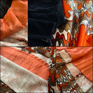 May include: Close-up of the seams and lining of a vintage skirt with a brown, orange, and white abstract print. The skirt has a coral-colored lining and a black velvet waistband.