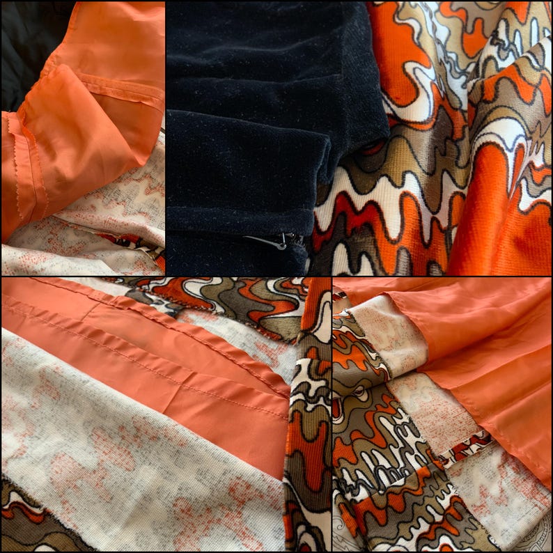 May include: Close-up of the seams and lining of a vintage skirt with a brown, orange, and white abstract print. The skirt has a coral-colored lining and a black velvet waistband.