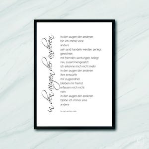 May include: Black and white printable art print with a poem in German about seeing oneself in the eyes of others. The poem is titled "in den augen der anderen".