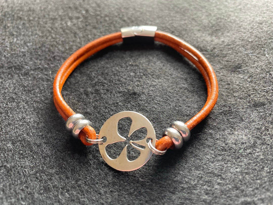 Four Leaf Clover Disc Connector Charm Bracelet With Genuine 3mm Leather ...