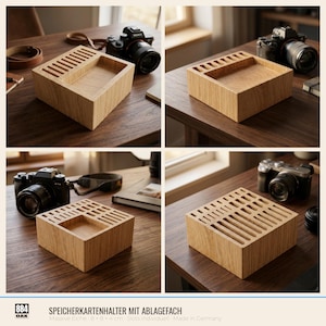 May include: A square light-coloured wooden storage block featuring multiple vertical slots for memory cards and a recessed rectangular tray. The base of the block is marked with the text 884 OAK and SPEICHERKARTENHALTER MIT ABLAGEFACH.