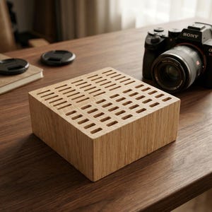 Könnte beinhalten: Ein quadratischer, hellbrauner Holzblock mit einem Gitter aus rechteckigen Aussparungen auf der Oberseite. Das Objekt weist eine sichtbare Holzmaserung auf und hat eine solide, kastenartige Konstruktion mit geraden Kanten.