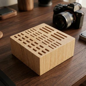 Könnte beinhalten: Ein quadratischer, hellfarbiger Holzblock mit einem Gitter aus rechteckigen Schlitzen, die in die Oberseite geschnitten sind. Der Block hat eine natürliche Holzmaserung und eine glatte Oberfläche mit mehreren Reihen unterschiedlich langer Öffnungen.
