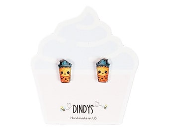 Pendientes de botón de té de burbujas de boba, Regalos de boba partea, Bonitos pendientes de botón de comida kawaii, Regalos de fiesta de cumpleaños de boba, Regalos de fiesta de boba, Té de burbujas