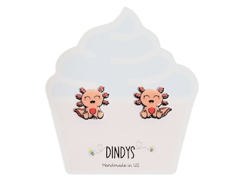 axolotl stud earrings, axolotl earrings, cute kawaii axolotl gifts, earrings for kids, toddler earrings, earrings for girls, axolotl studs
