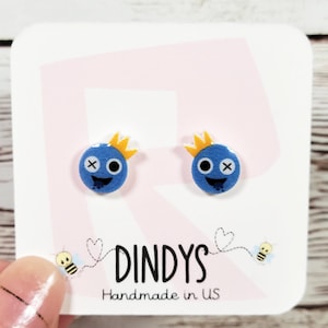 blue rainbow friends stud earrings for girls, gamer gifts for girls, rainbow friends birthday gifts favors, stud earrings for kids, gifts