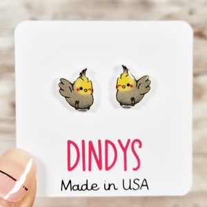 Kawaii Cute cockatiel stud earring, bird earrings, gifts for bird lovers, bird gifts, quirky earrings, earrings for kids, girls earrings
