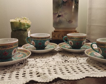 Set of 4 Vintage Jingdezhen Turquoise Longevity hand painted crafted porcelain tea cup and saucer set