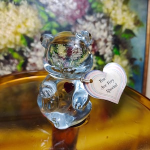 May include: A clear glass bear figurine featuring a small red heart accent on its chest. A silver cord is tied around the bear's neck, holding a heart-shaped tag with the printed text "You Are Very Special" in black lettering.