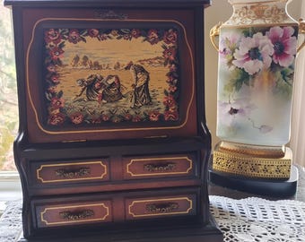 Vintage Wooden Floral Tapestry Jewelry Box, Made in Japan