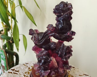 Antique Amethyst sculpture, amethyst carvings depicting A foo-dog playing with two Childs on wooden base, Chinese antique