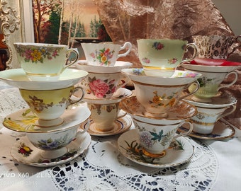 Bone China CUPS & SAUCERS - Vintage Tea Party - Country Cottage Decor Mix - Mismatched English Floral Patterns - England