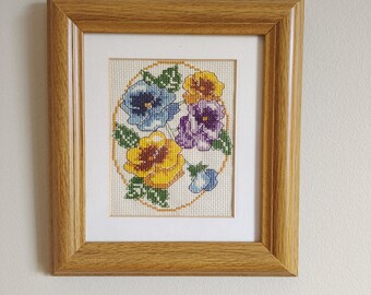 Framed Cross Stitch Rose Embroidery | Vintage Floral Needlepoint Art Wall Hanging
