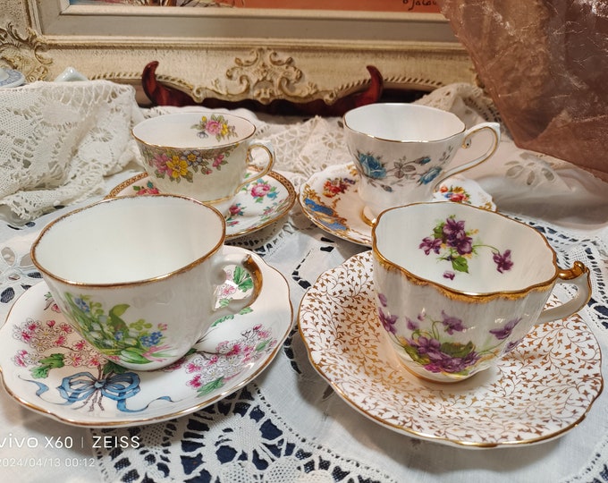 Set of 4 vintage tea sets, mismatched tea cups and saucers, made in England
