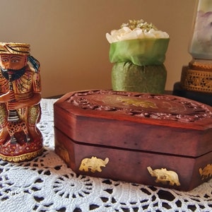 Two India Vintage, India vintage jewelry box with inlay brass elephants and floral design, Indian Rajasthani Wooden Musicians Figurines