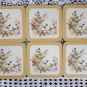Puede incluir: Seis posavasos cuadrados con fondo beige y diseño floral. El diseño presenta un grupo de hojas verdes, bayas y moras en un patrón circular.